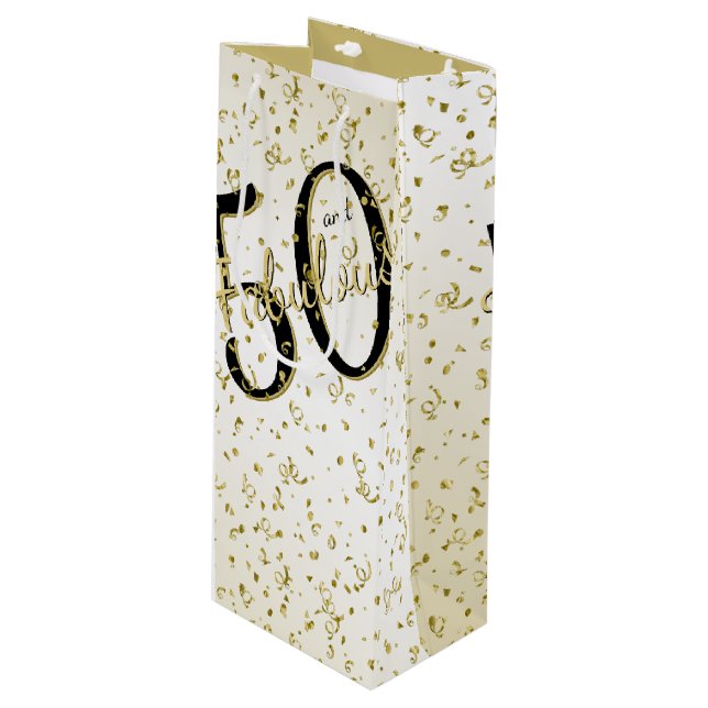 50 and Fabulous Birthday Party Black Gold 50th Wine Gift Bag (Front Angled)