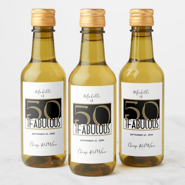 50 and Fabulous Birthday Party Black Gold Wine Label (Bottles)
