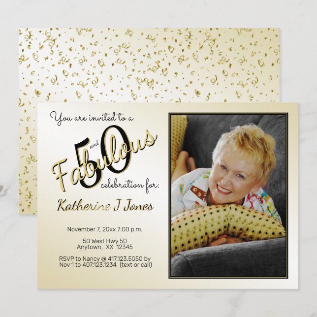 50 and Fabulous Birthday Party Fun Black/Gold 50th Invitation (Front/Back)