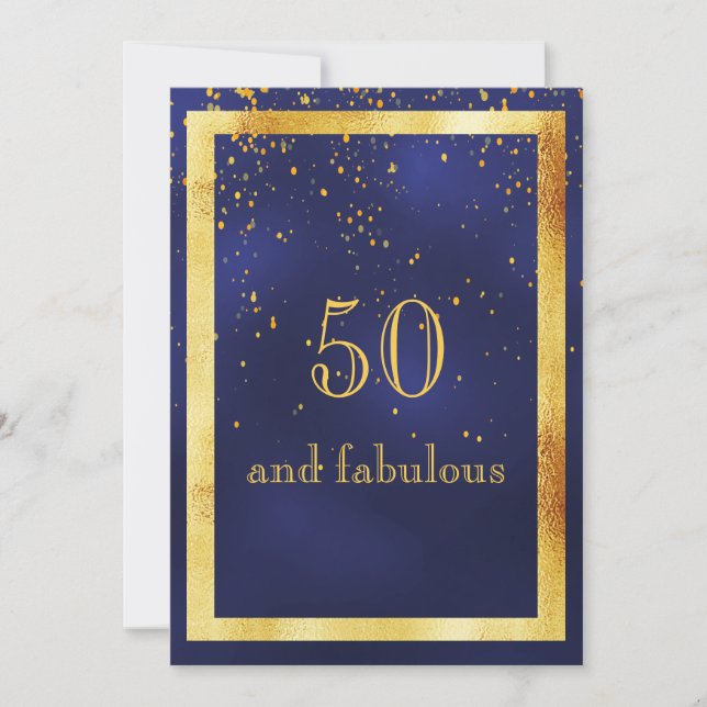 50 and fabulous birthday party gold frame blue invitation (Front)