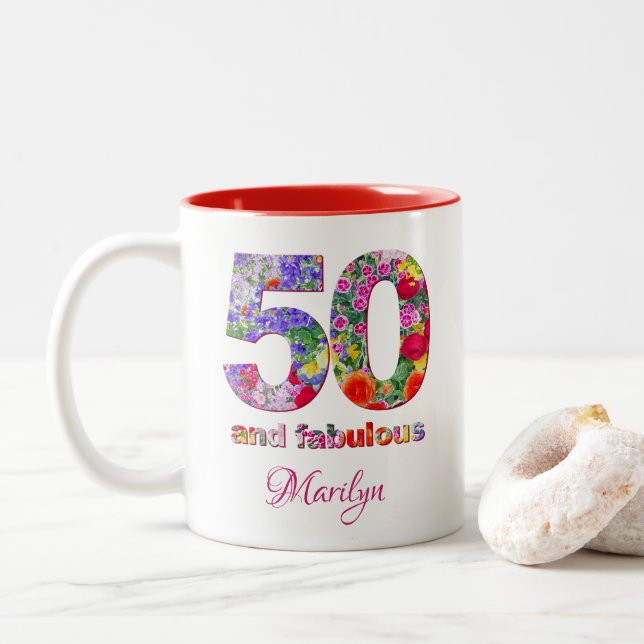50 and fabulous birthday party modern coffee mug (With Donut)
