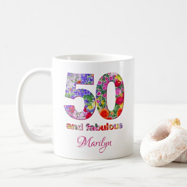 50 and fabulous birthday party modern coffee mug (With Donut)