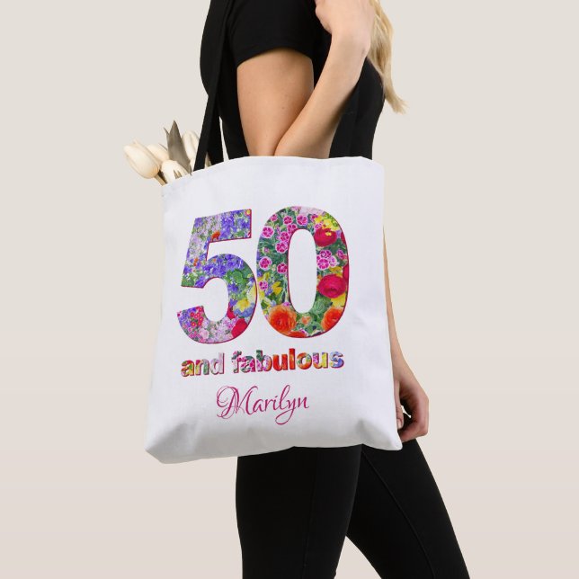 50 and fabulous birthday party modern tote bag (Close Up)