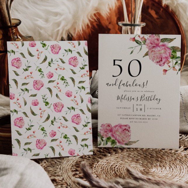 50 and Fabulous Birthday Party Pink Floral  Invitation (Creator Uploaded)
