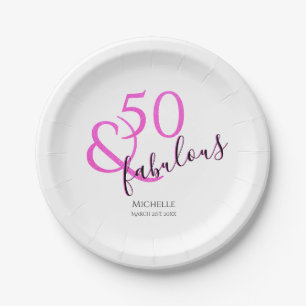 50 and fabulous birthday party pink glitter girly paper plate