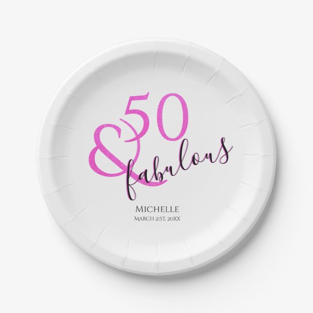 50 and fabulous birthday party pink glitter girly paper plate (Front)