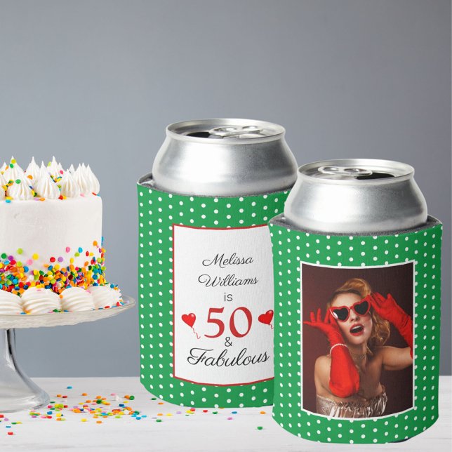50 and Fabulous Birthday Photo 50th Party Green WH Can Cooler (Creator Uploaded)