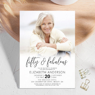 50 and Fabulous Birthday Photo Black White Script Invitation