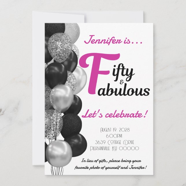 50 and fabulous birthday pink and black balloons invitation (Front)