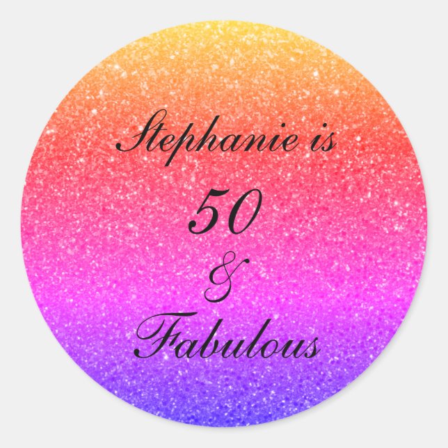 50 And Fabulous Birthday Pink Black Purple Glitter Classic Round Sticker (Front)