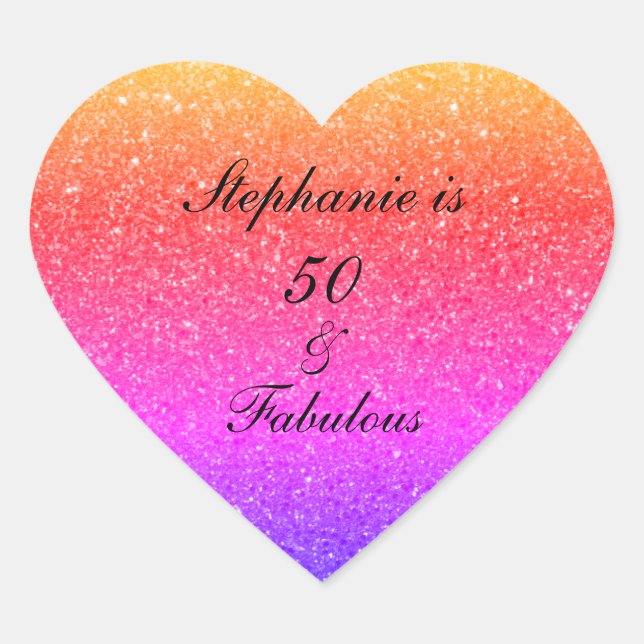 50 And Fabulous Birthday Pink Black Purple Glitter Heart Sticker (Front)