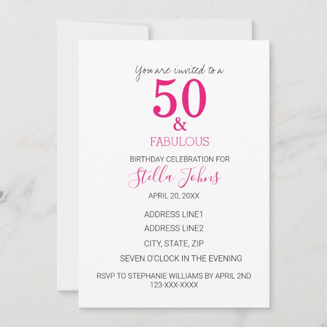 50 And Fabulous Birthday Pink Fuchsia White Invitation (Front)