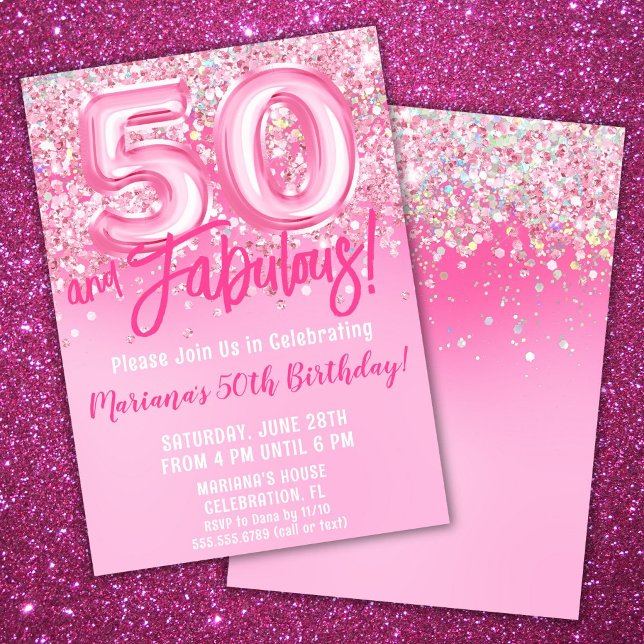 50 and Fabulous Birthday Pink Glitter Invitation (Creator Uploaded)