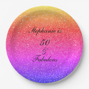 50 And Fabulous Birthday Pink Purple Black Glitter Paper Plate