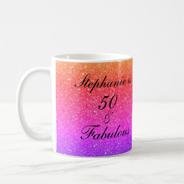 50 And Fabulous Birthday Pink Purple Glitter Black Coffee Mug (Left)