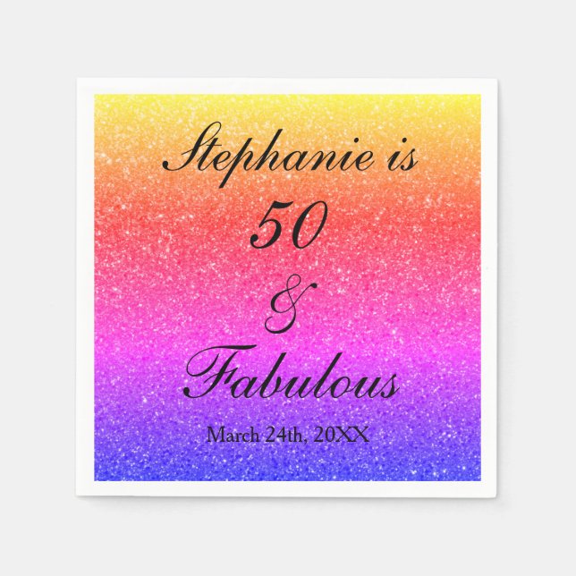 50 And Fabulous Birthday Pink Purple Glitter Black Napkin (Front)