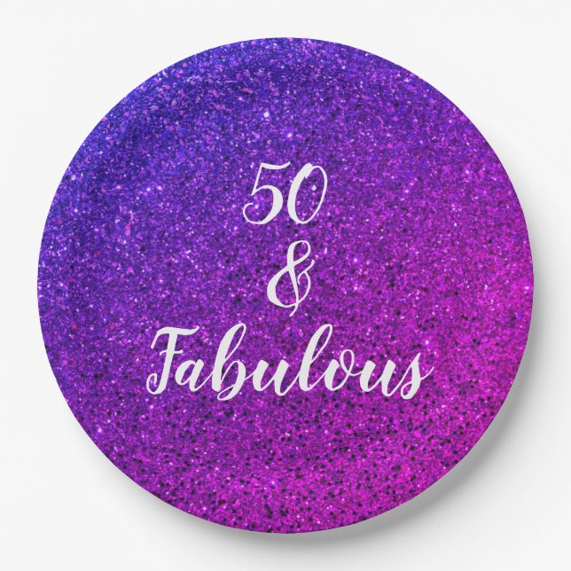 50 And Fabulous Birthday Pink Purple Glitter Cool Paper Plate (Front)