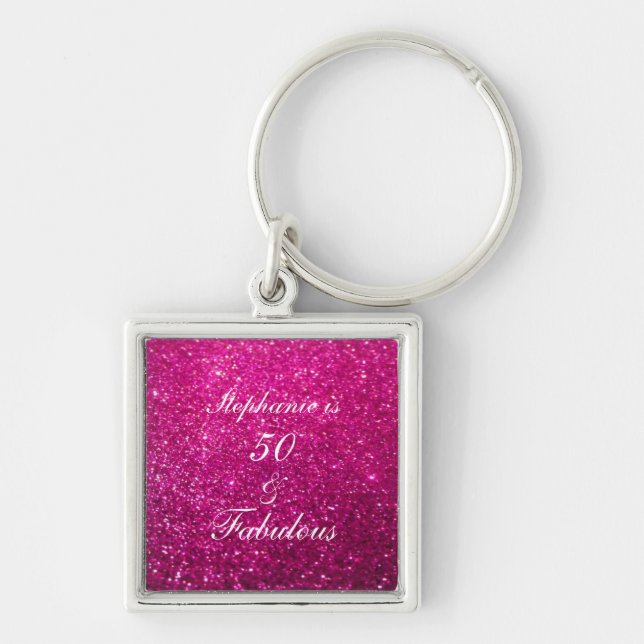 50 And Fabulous Birthday Pink Purple Glitter Cute Key Ring (Front)