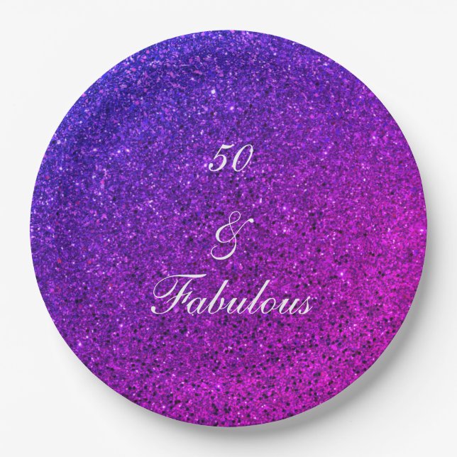 50 And Fabulous Birthday Pink Purple Glitter Girly Paper Plate (Front)