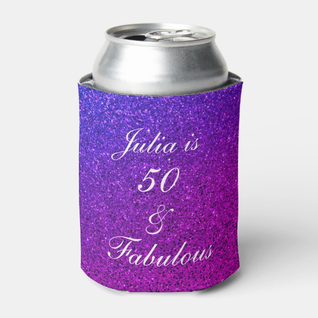 50 And Fabulous Birthday Pink Purple Glitter Ombre Can Cooler (Can Front)