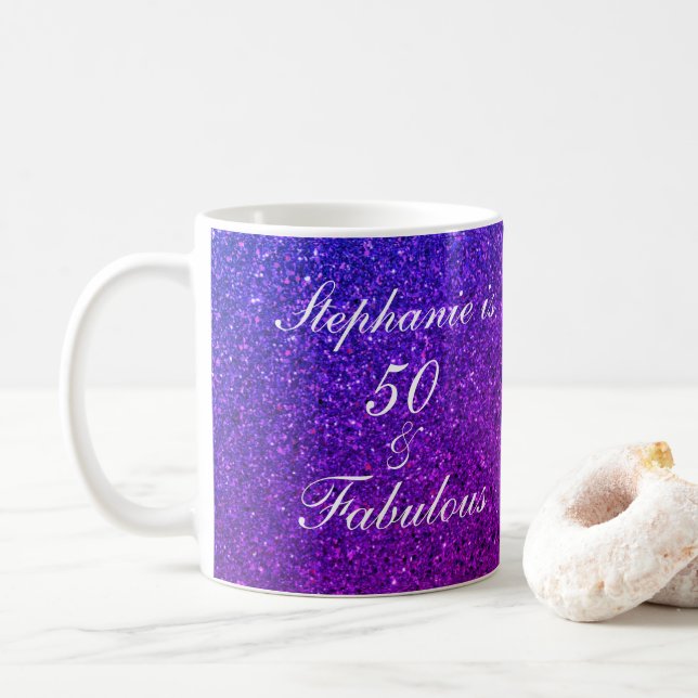 50 And Fabulous Birthday Pink Purple Glitter Ombre Coffee Mug (With Donut)