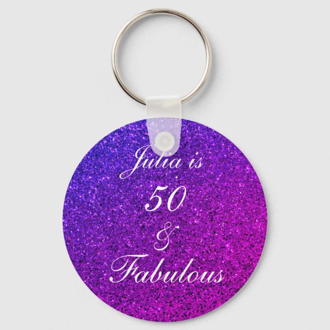 50 And Fabulous Birthday Pink Purple Glitter Ombre Key Ring (Front)