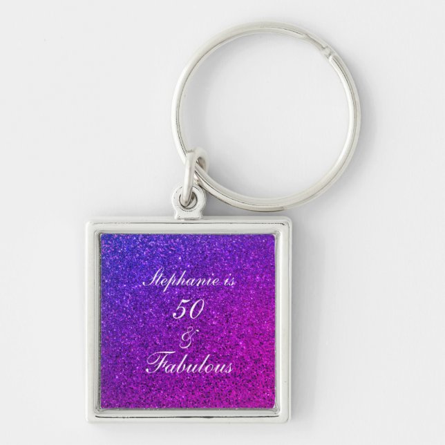 50 And Fabulous Birthday Pink Purple Glitter Ombre Key Ring (Front)