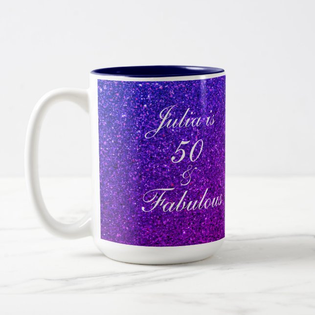 50 And Fabulous Birthday Pink Purple Glitter Ombre Two-Tone Coffee Mug (Left)