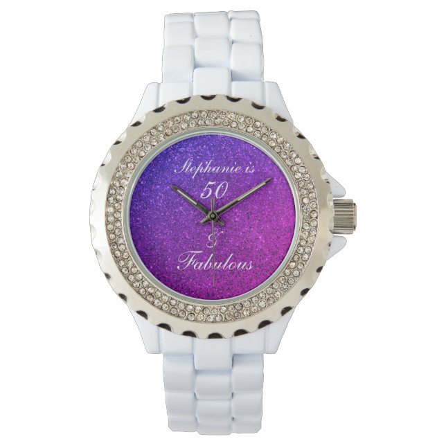 50 And Fabulous Birthday Pink Purple Glitter Ombre Watch (Front)