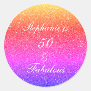 50 And Fabulous Birthday Pink Purple Glitter White Classic Round Sticker