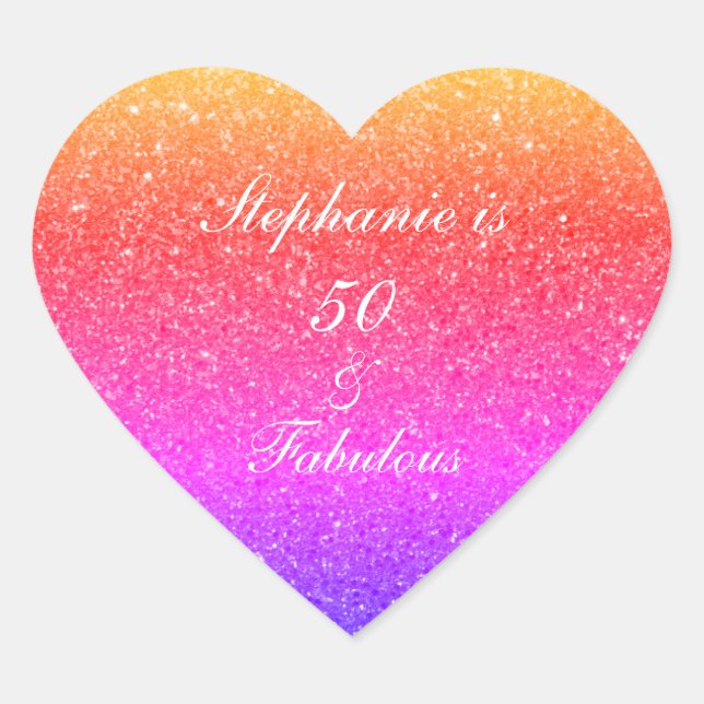 50 And Fabulous Birthday Pink Purple Glitter White Heart Sticker (Front)