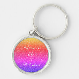 50 And Fabulous Birthday Pink Purple Glitter White Key Ring