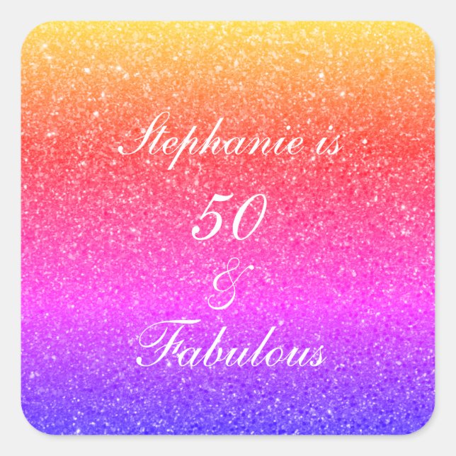 50 And Fabulous Birthday Pink Purple Glitter White Square Sticker (Front)
