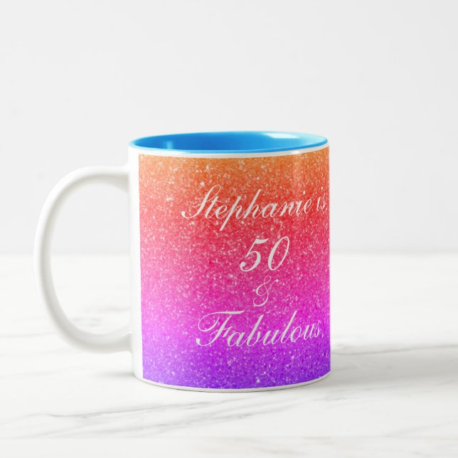 50 And Fabulous Birthday Pink Purple Glitter White Two-Tone Coffee Mug (Left)