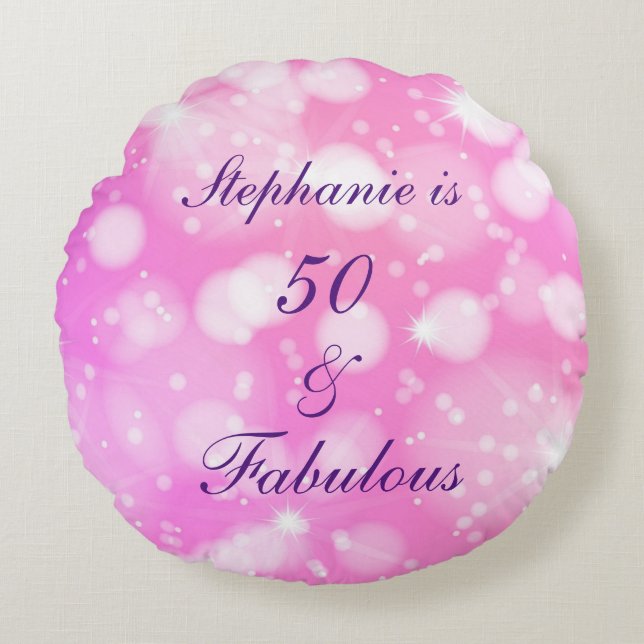 50 And Fabulous Birthday Pink Purple Glittery Round Cushion (Front)
