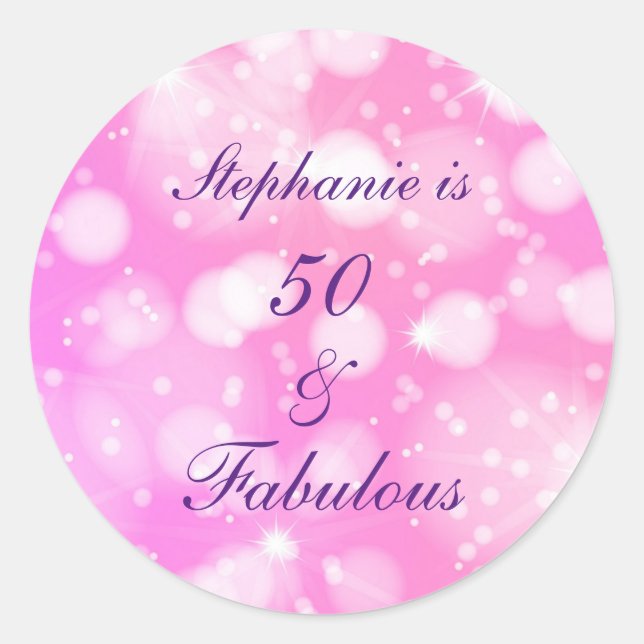 50 And Fabulous Birthday Pink Rose Purple Glittery Classic Round Sticker (Front)