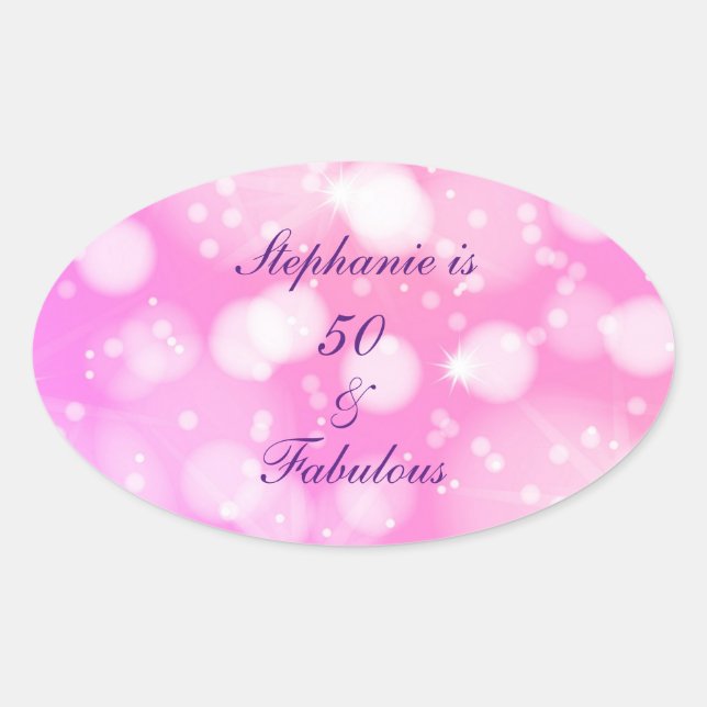 50 And Fabulous Birthday Pink Rose Purple Glittery Oval Sticker (Front)