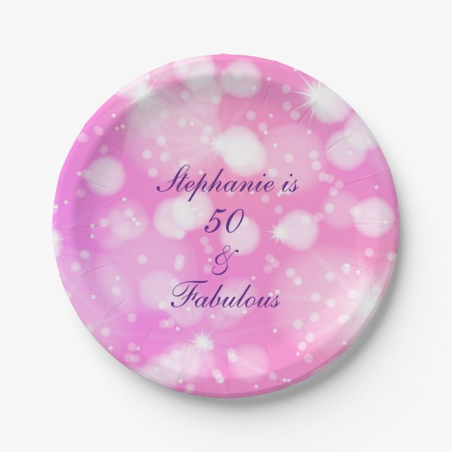 50 And Fabulous Birthday Pink Rose Purple Glittery Paper Plate (Front)