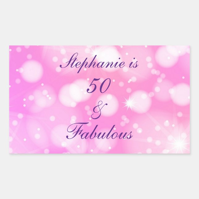 50 And Fabulous Birthday Pink Rose Purple Glittery Rectangular Sticker (Front)