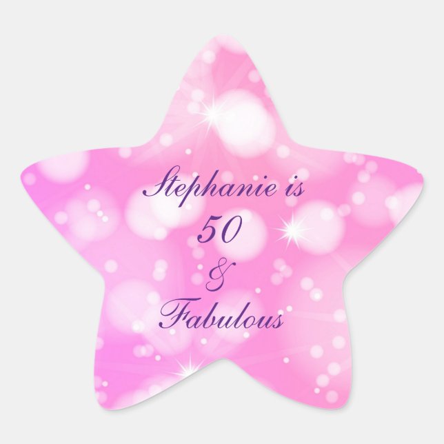 50 And Fabulous Birthday Pink Rose Purple Glittery Star Sticker (Front)