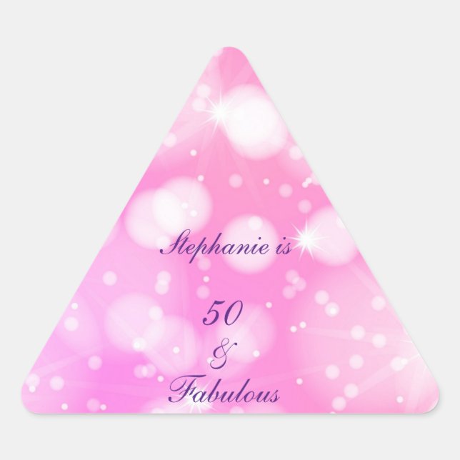 50 And Fabulous Birthday Pink Rose Purple Glittery Triangle Sticker (Front)