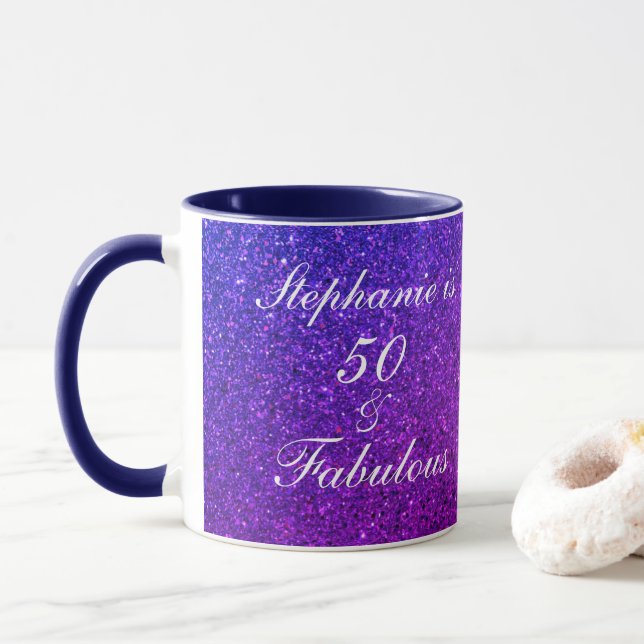 50 And Fabulous Birthday Pink White Purple Glitter Mug (With Donut)