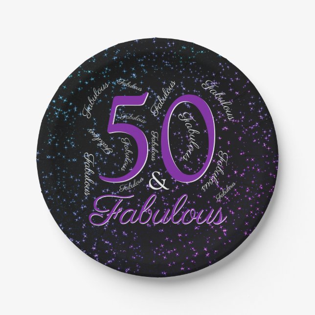 50 And Fabulous Birthday Purple Black Elegant Paper Plate (Front)