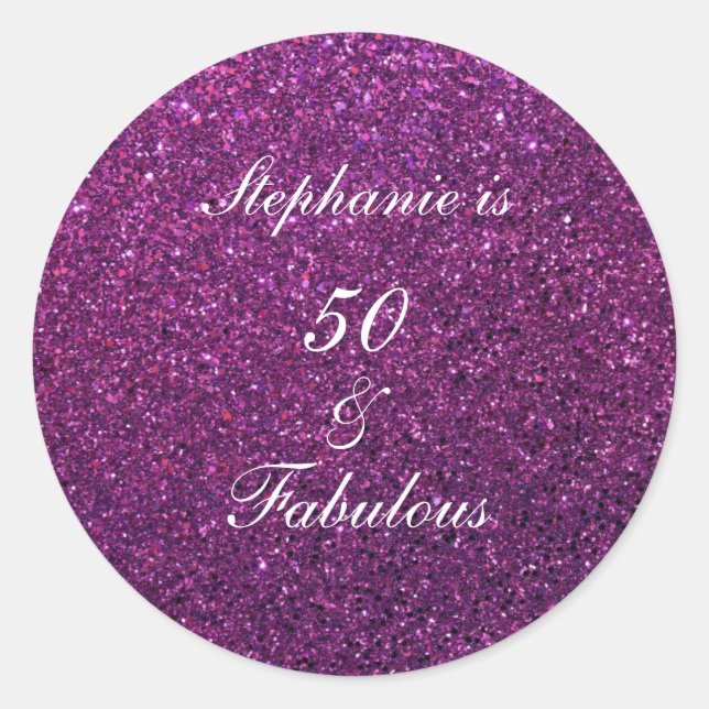 50 And Fabulous Birthday Purple Glitter Ombre Chic Classic Round Sticker (Front)