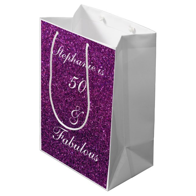 50 And Fabulous Birthday Purple Glitter Ombre Chic Medium Gift Bag (Back Angled)