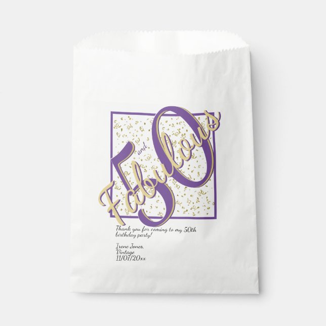 50 and Fabulous birthday Purple/Gold Fancy Script Favour Bags (Front)