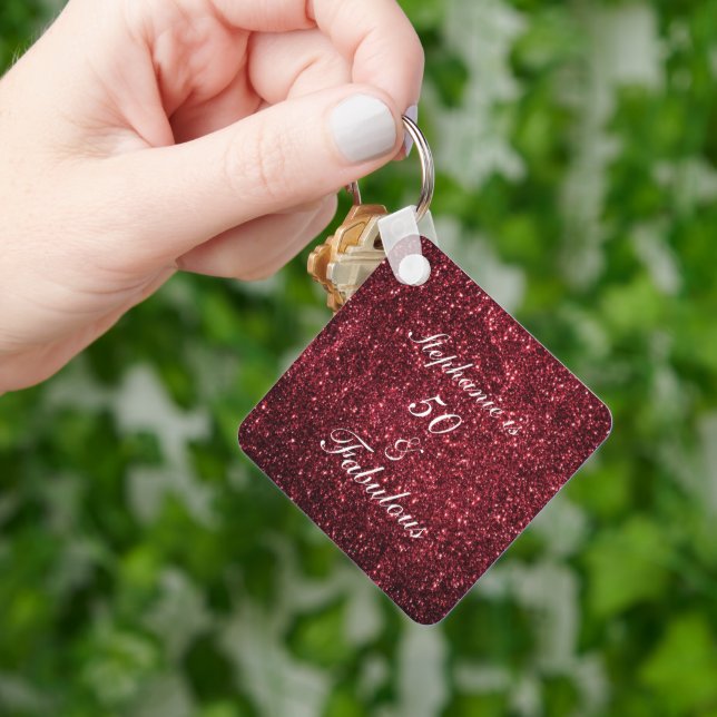 50 And Fabulous Birthday Red Burgundy Glitter 2022 Key Ring (Hand)