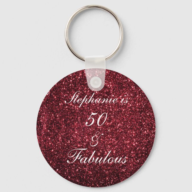 50 And Fabulous Birthday Red Burgundy Glitter Cute Key Ring (Front)
