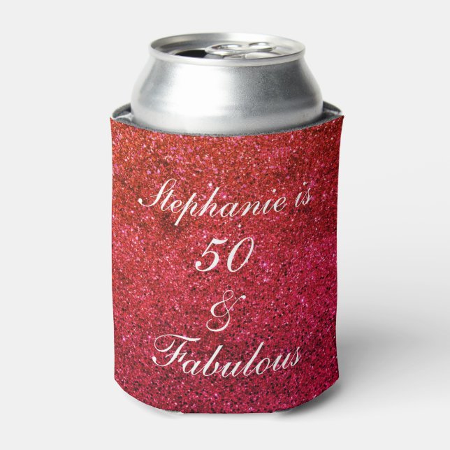50 And Fabulous Birthday Red White Glitter Sparkle Can Cooler (Can Front)