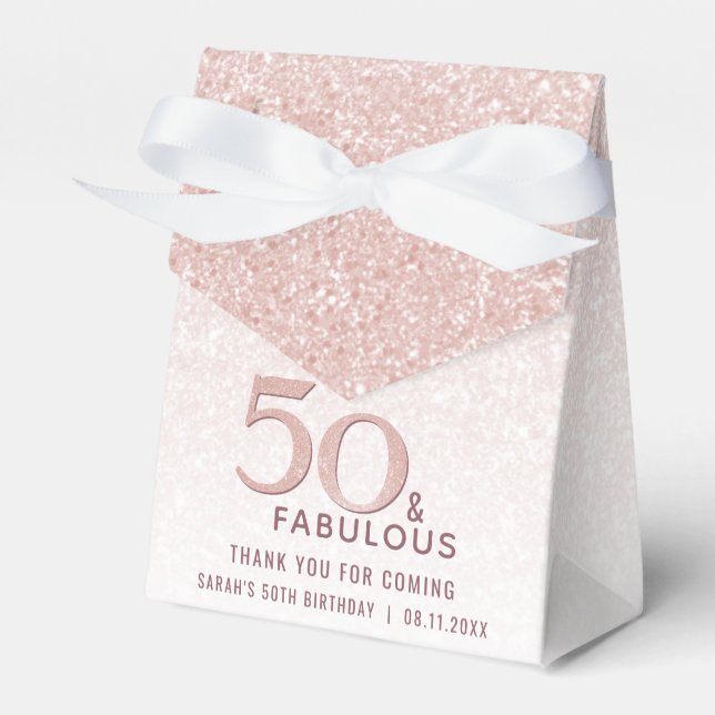 50 and Fabulous Birthday Rose Gold Glitter Favour Box (Front Side)